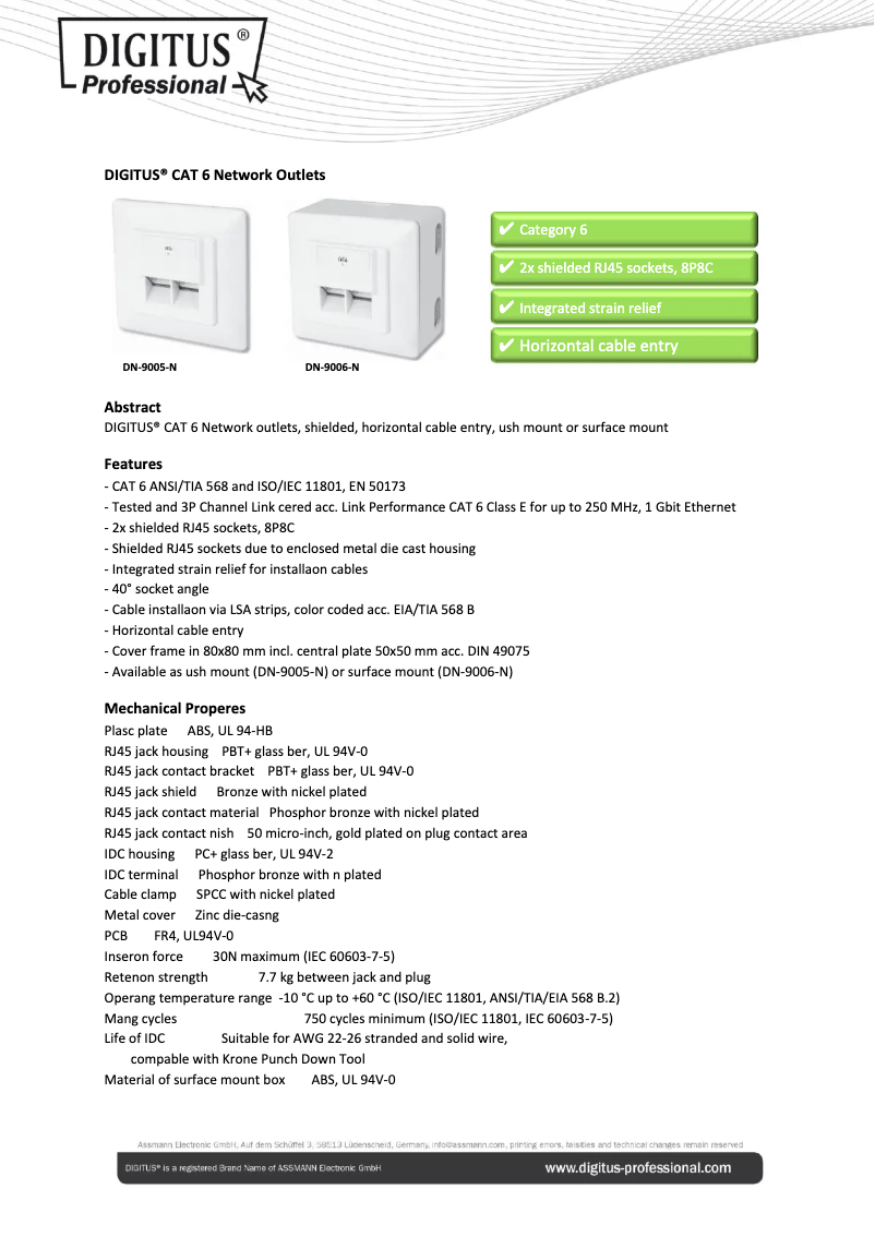 Page 1 of the manual Technical Sheet Digitus CAT 6 2