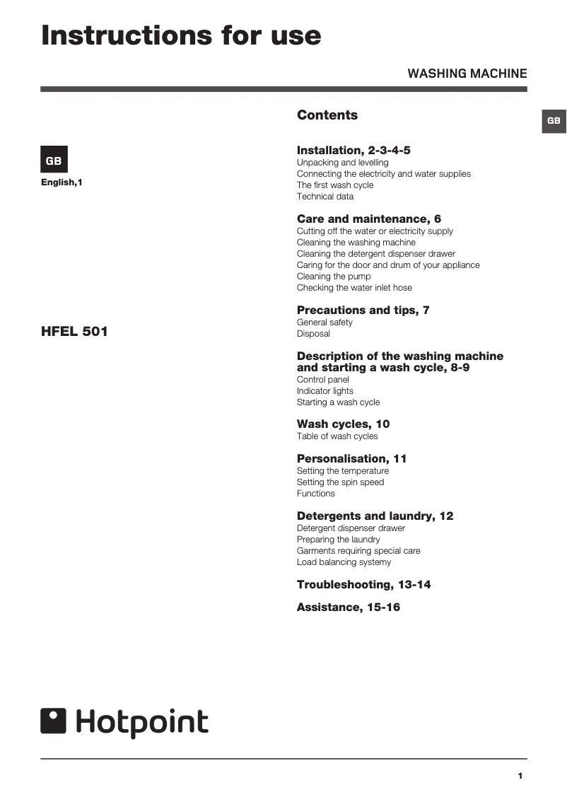 First page image of the manual for HFEL501P