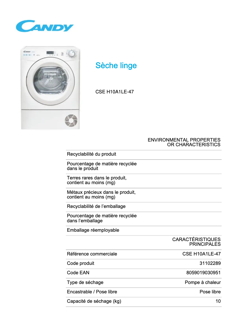 Page 1 of the manual Technical Sheet Candy CSE H10A1LE-47