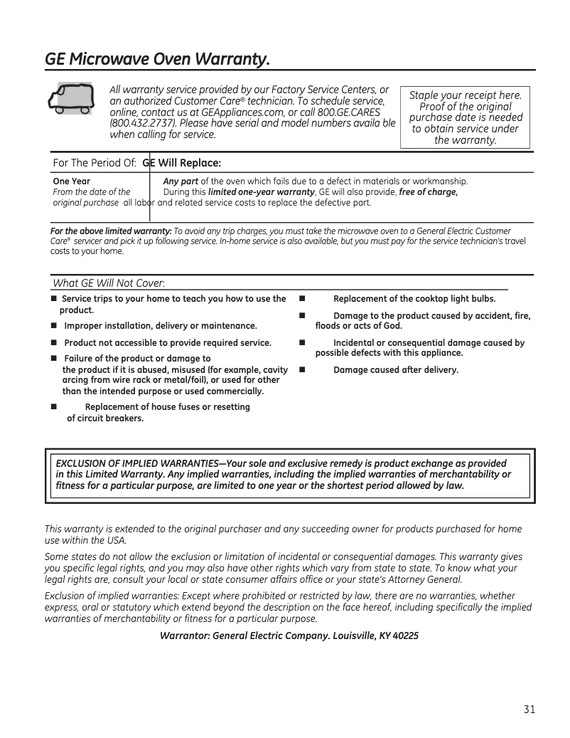 Page 1 of the manual Warranty Information GE JVM7195FLDS
