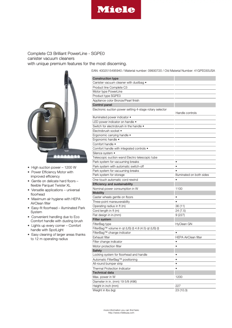 Page 1 of the manual Technical Sheet Miele Complete C3 Brilliant