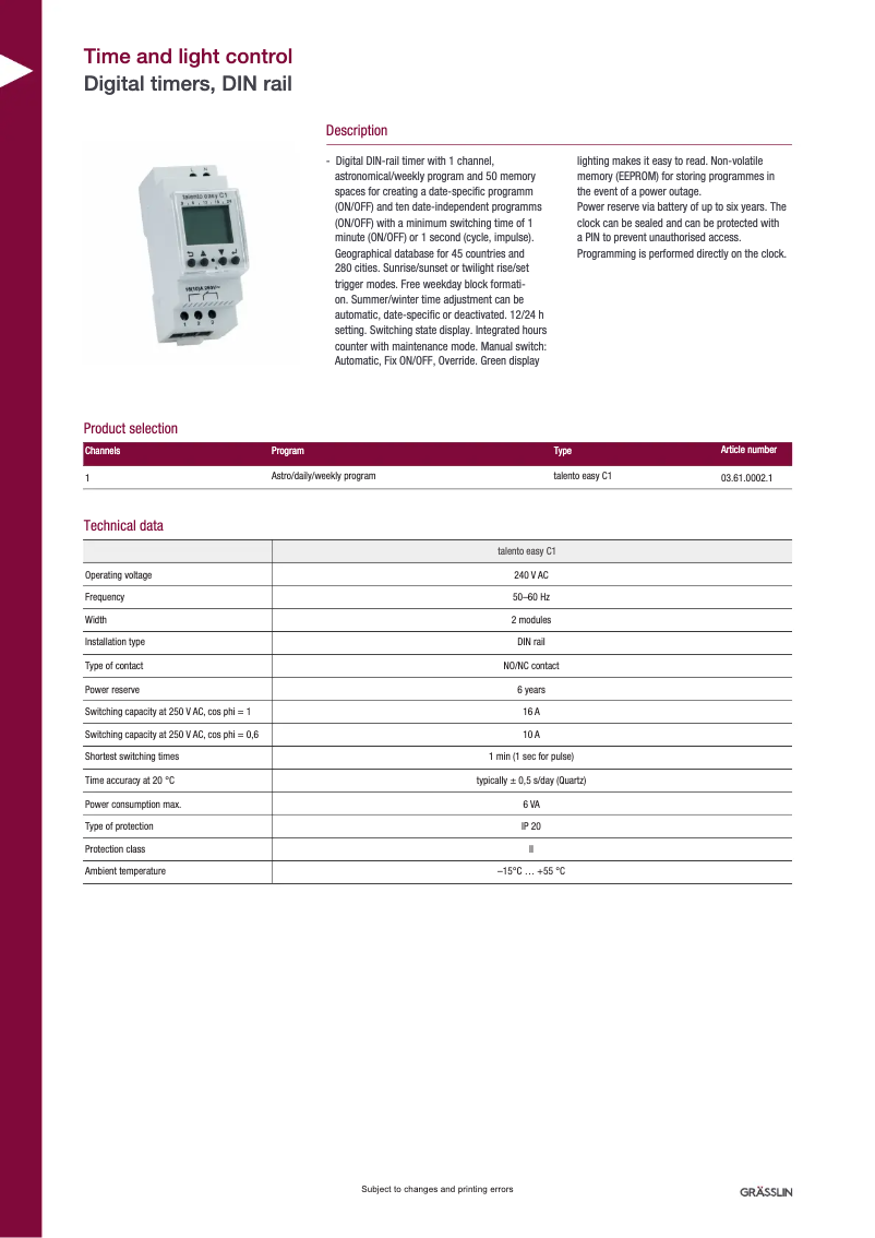 Page 1 of the manual Technical Sheet Grässlin talento easy C1