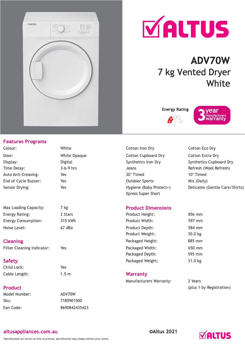Page 1 of the manual Technical Sheet Altus ADV70W