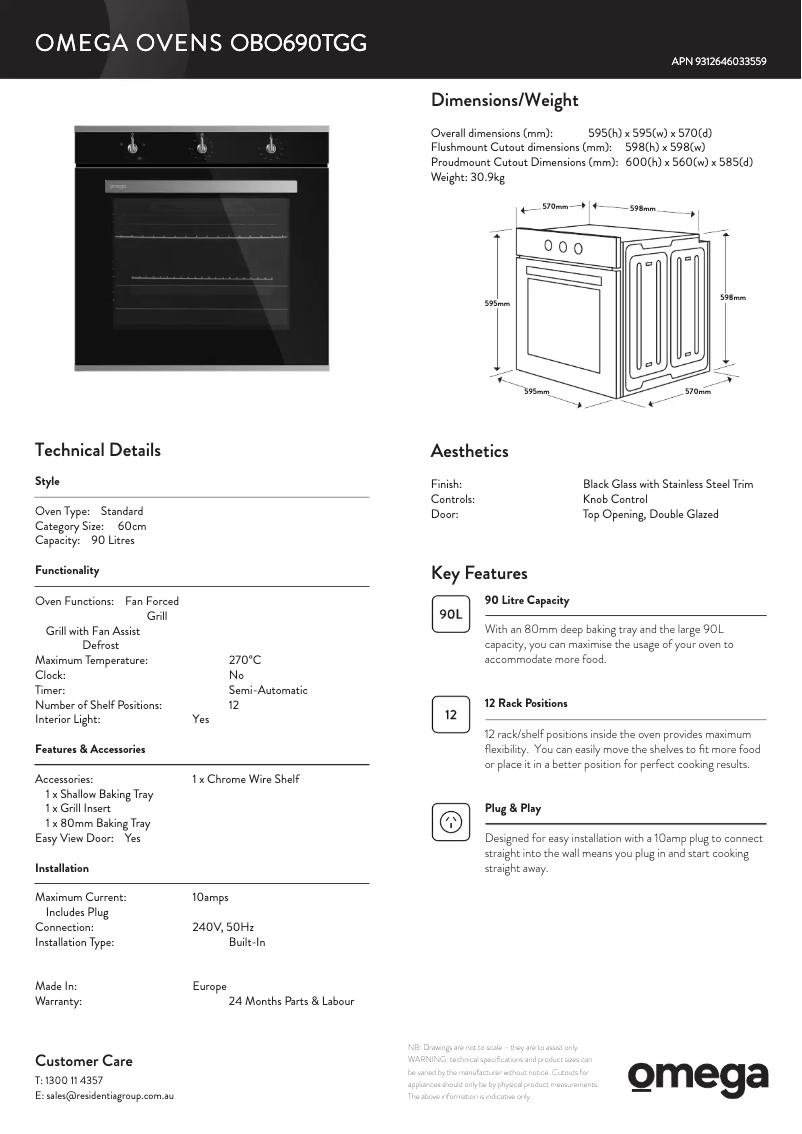 Page 1 of the manual Technical Sheet Omega OBO690TGG