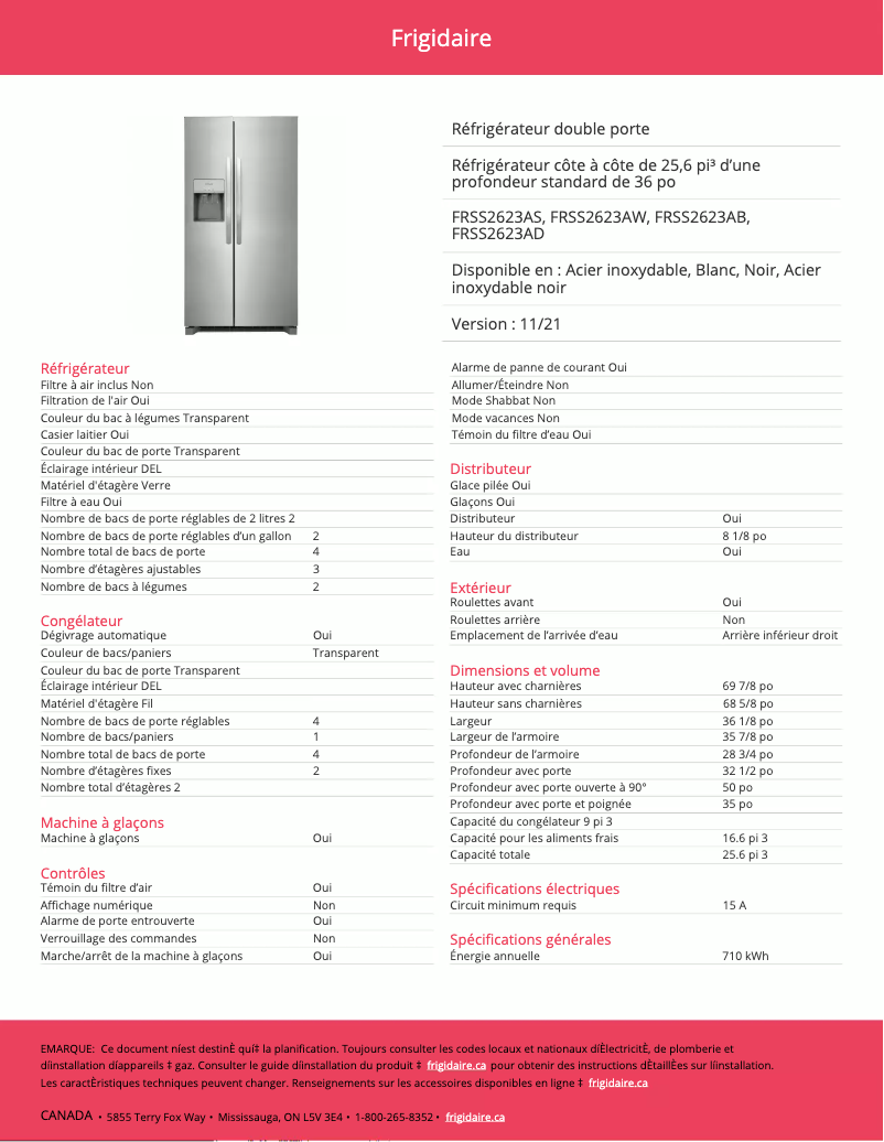 Page 1 of the manual Technical Sheet Frigidaire FRSS2623AW