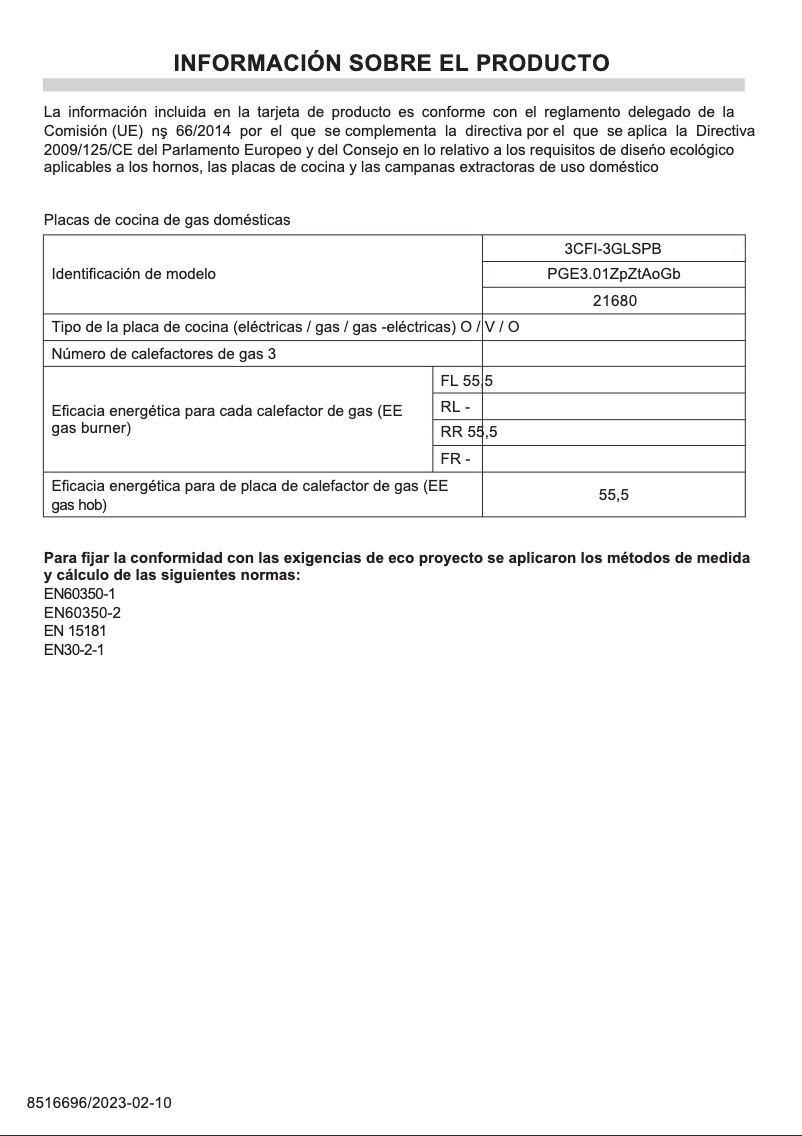 Page 1 of the manual Technical Sheet Fagor 3CFI-3GLSPB