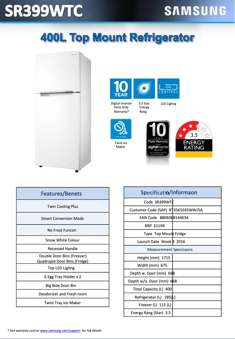 Page 1 of the manual Technical Sheet Samsung SR399WTC