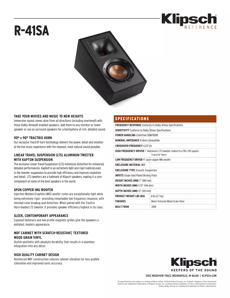 Page 1 of the manual Technical Sheet Klipsch Reference R-41-SA