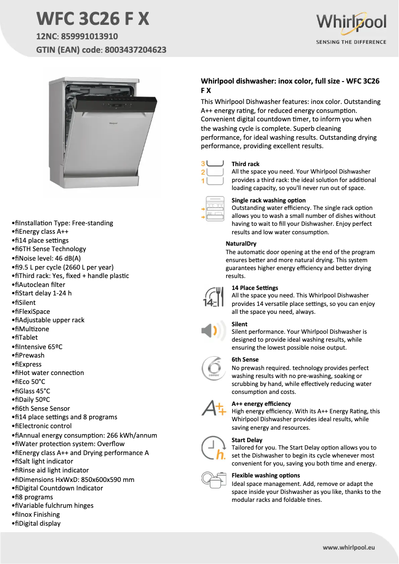 Page 1 of the manual Technical Sheet Whirlpool WFC 3C26 F X