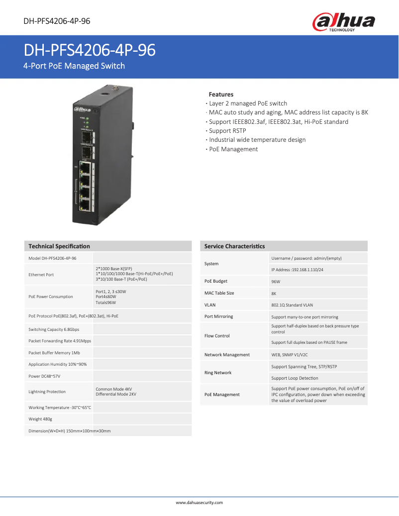 Page 1 of the manual Technical Sheet Dahua Technology PFS4206-4P-96