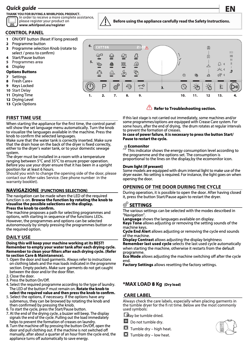 Page 1 of the manual User Manual Whirlpool AWZ 8HPS/PRO