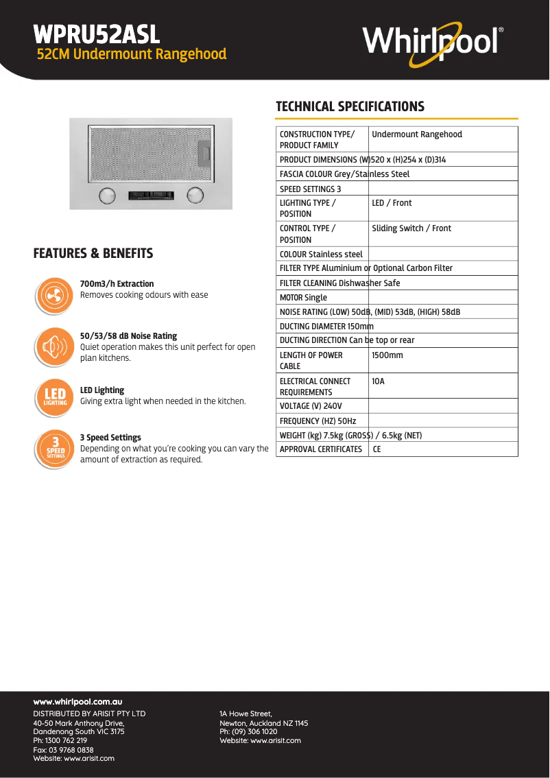 Page 1 of the manual Technical Sheet Whirlpool WPRU52ASL