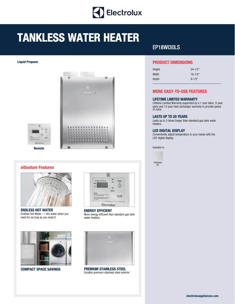 Page 1 of the manual Technical Sheet Electrolux EP18WI30LS