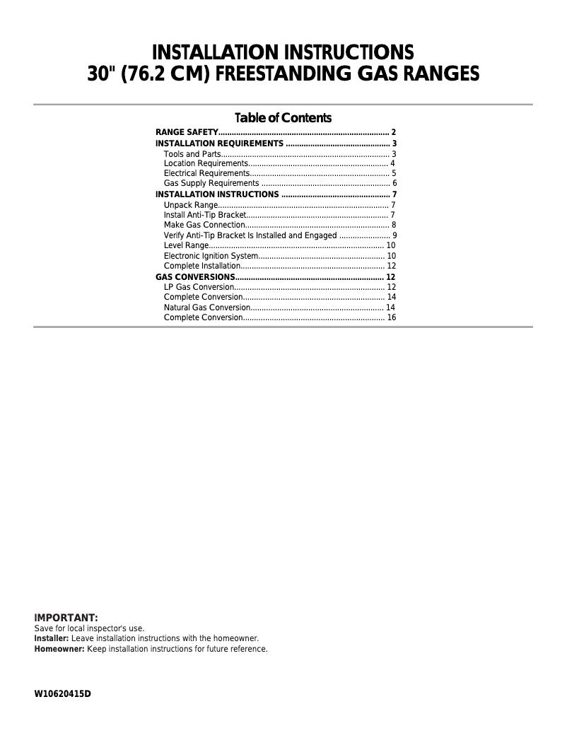 Page 1 of the manual Installation Guide Amana AGR5330BAS