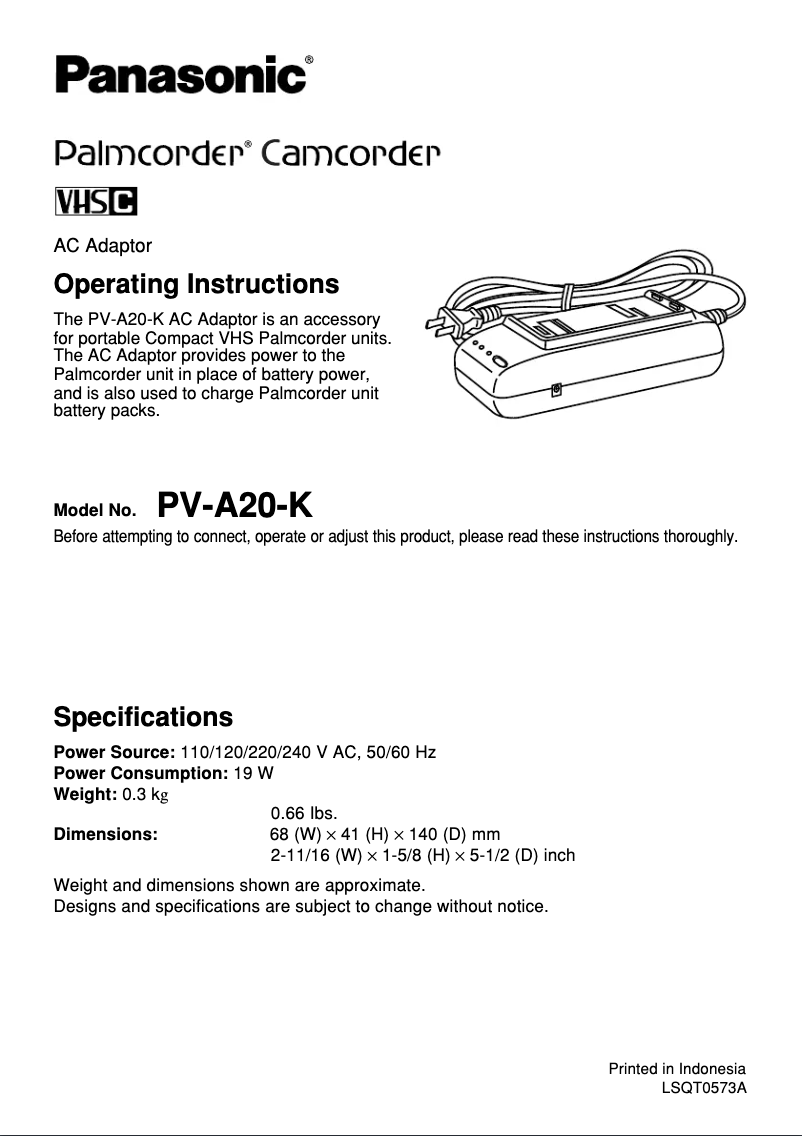 First page image of the manual for PV-A20