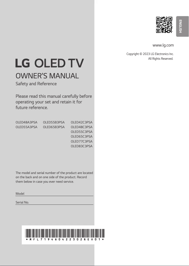 First page image of the manual for OLED77C3PSA