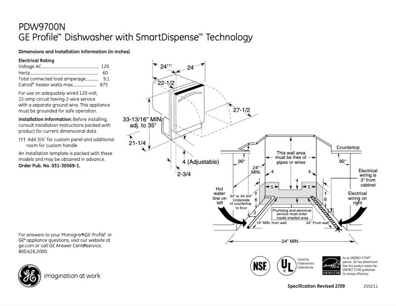 Page 1 of the manual Technical Sheet GE Profile PDW9700NII