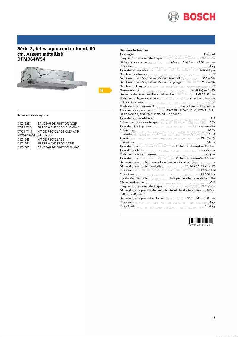Page 1 of the manual Technical Sheet Bosch DFM064W54