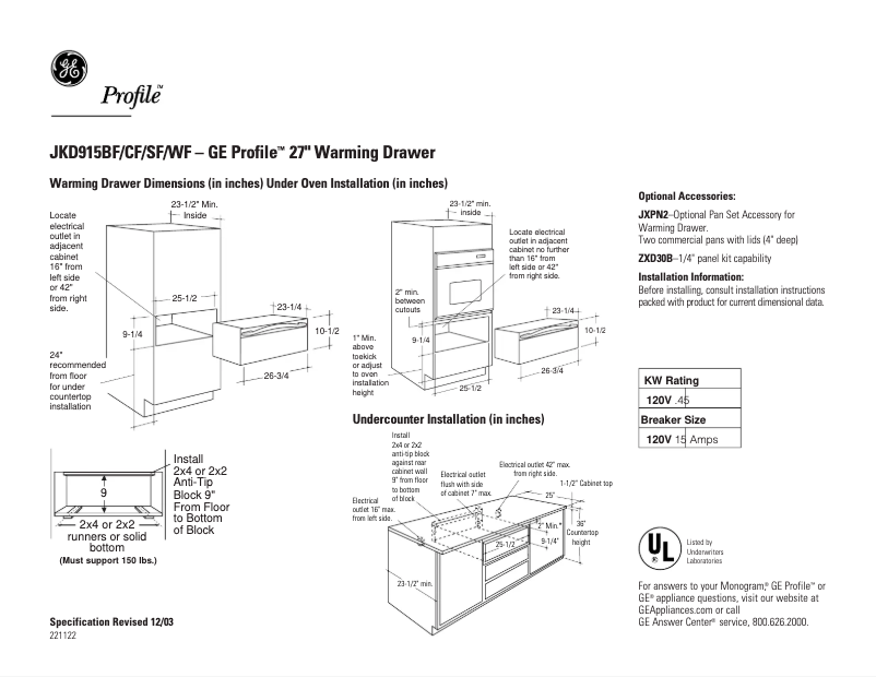 Page 1 of the manual Technical Sheet GE Profile JKD915SFSS