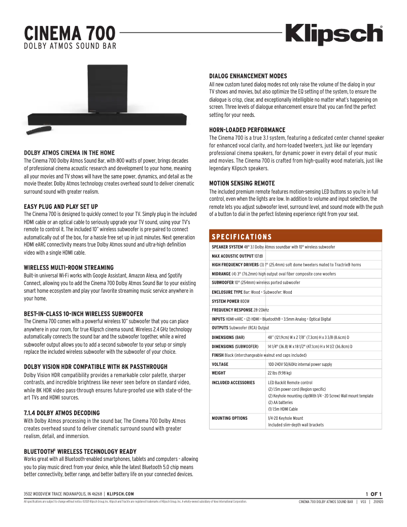 First page image of the manual for Cinema 700