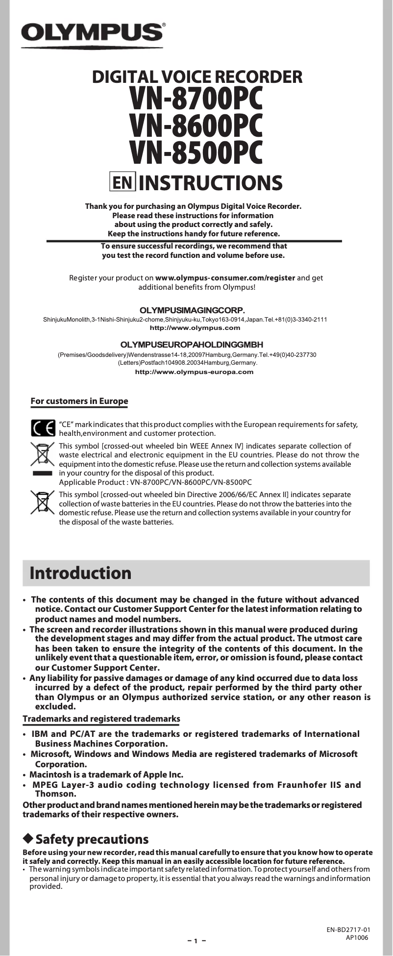 Page 1 of the manual User Manual Olympus VN-8600PC
