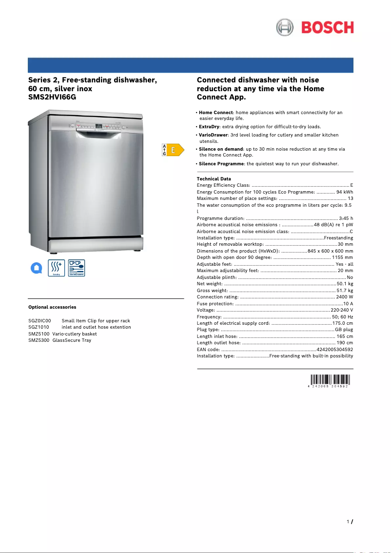 Page 1 of the manual Technical Sheet Bosch Serie 2 SMS2HVI66G