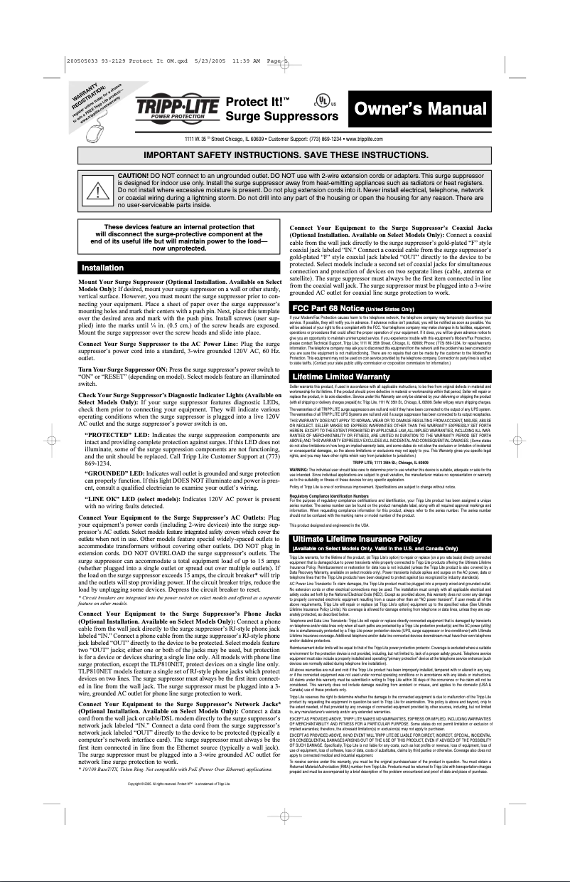 First page image of the manual for Protect It! TLM606HJ