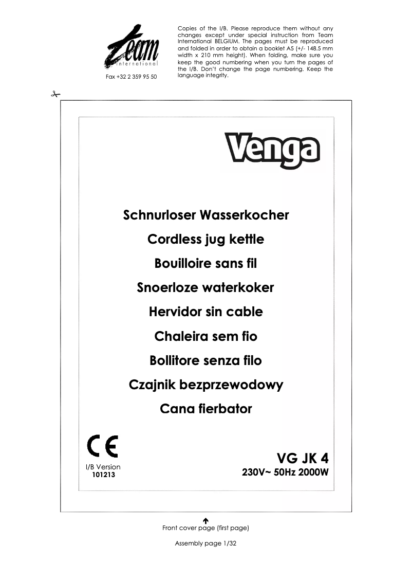 First page image of the manual for VG JK 4