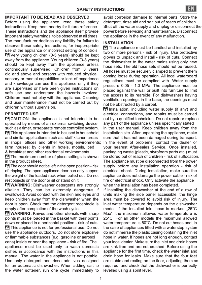 Page 1 of the manual Instructions / Assembly Hotpoint HSIP 4O21 WFE
