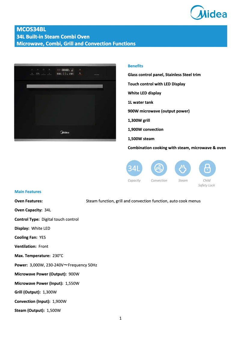 Page 1 of the manual Technical Sheet Midea MCOS34BL