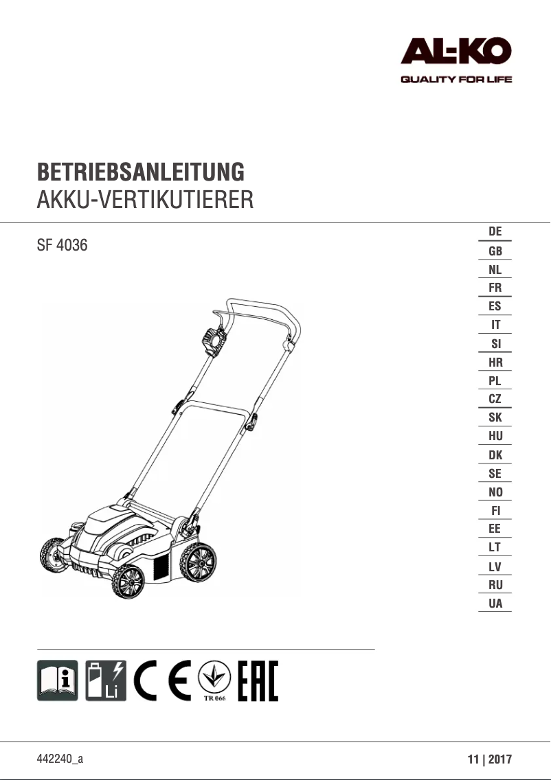 Page 1 of the manual User Manual AL-KO SF 4036