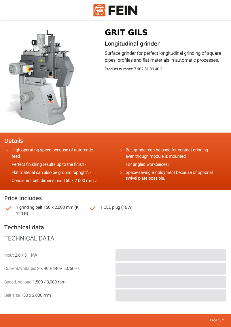 Page 1 of the manual Technical Sheet Fein GRIT GILS