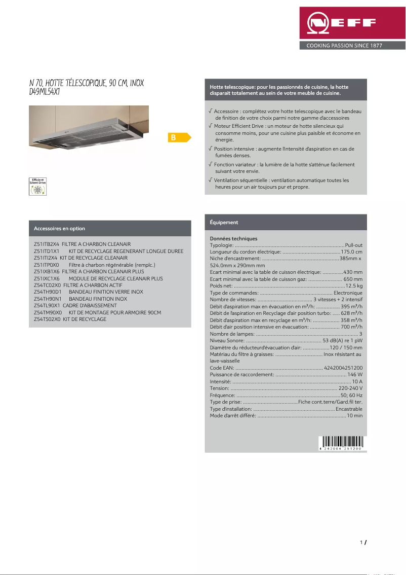 Page 1 of the manual Technical Sheet Neff D49ML54X1