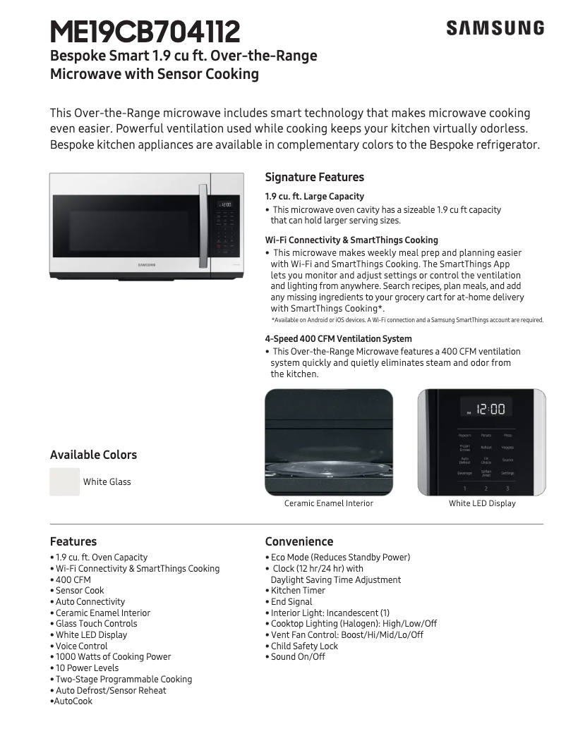 Page 1 of the manual Technical Sheet Samsung ME19CB704112A
