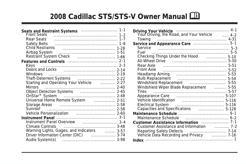 First page image of the manual for STS Sedan (2008)
