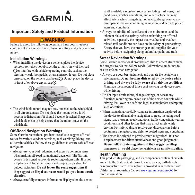 Page 1 of the manual Safety Instructions Garmin DC 50