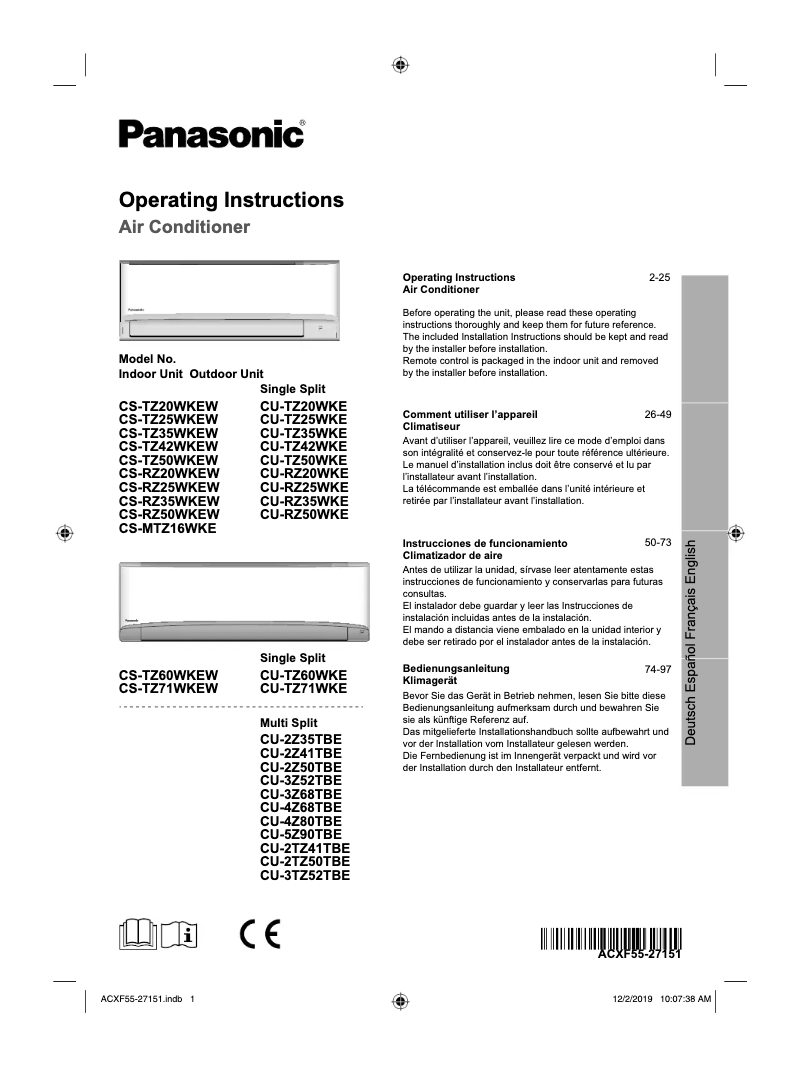 Page 1 of the manual User Manual Panasonic CU-RZ25WKE