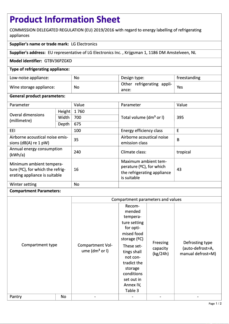Page 1 of the manual Technical Sheet LG GTBV36PZGKD