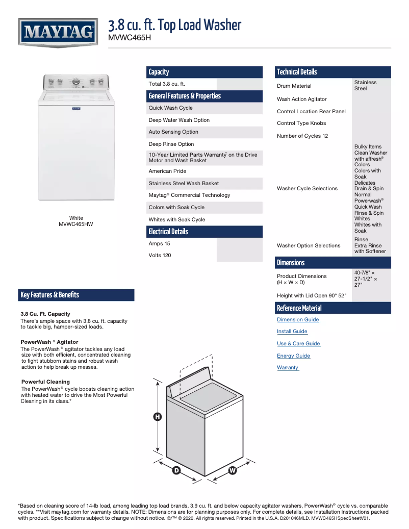 Page 1 of the manual Technical Sheet Maytag MVWC465HW