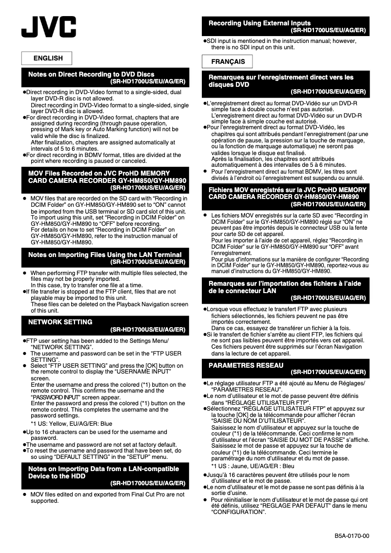 Page 1 of the manual User Manual JVC SR-HD1700E