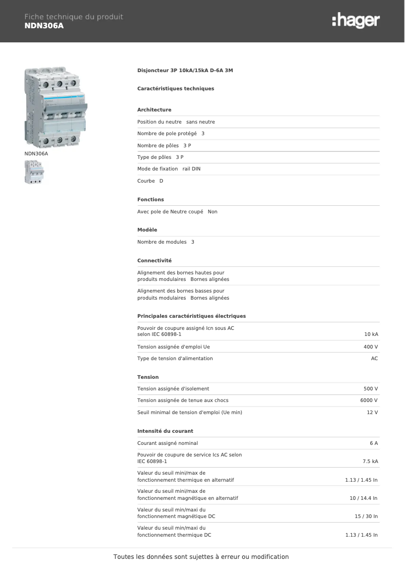 Page 1 of the manual Technical Sheet Hager NDN306A