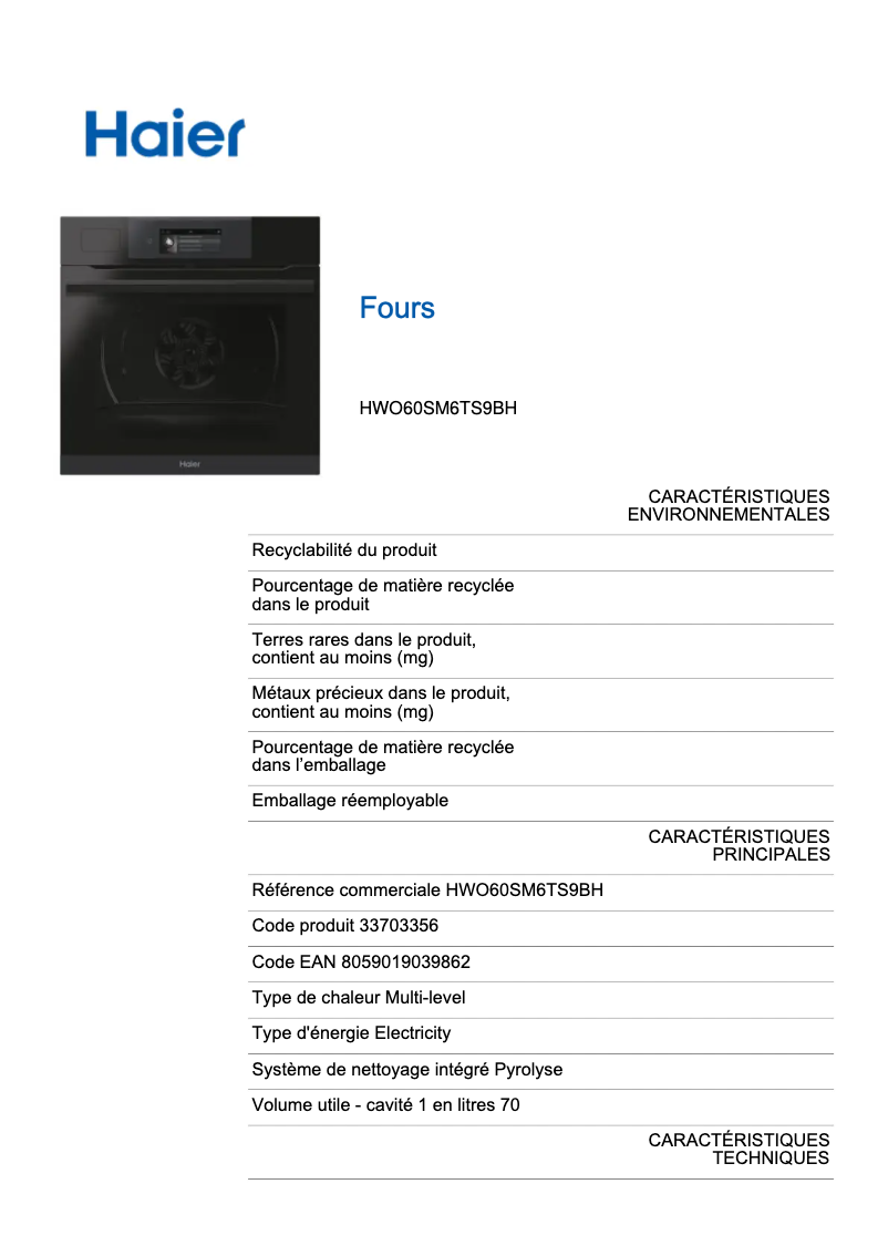 First page image of the manual for HWO60SM6TS9BH