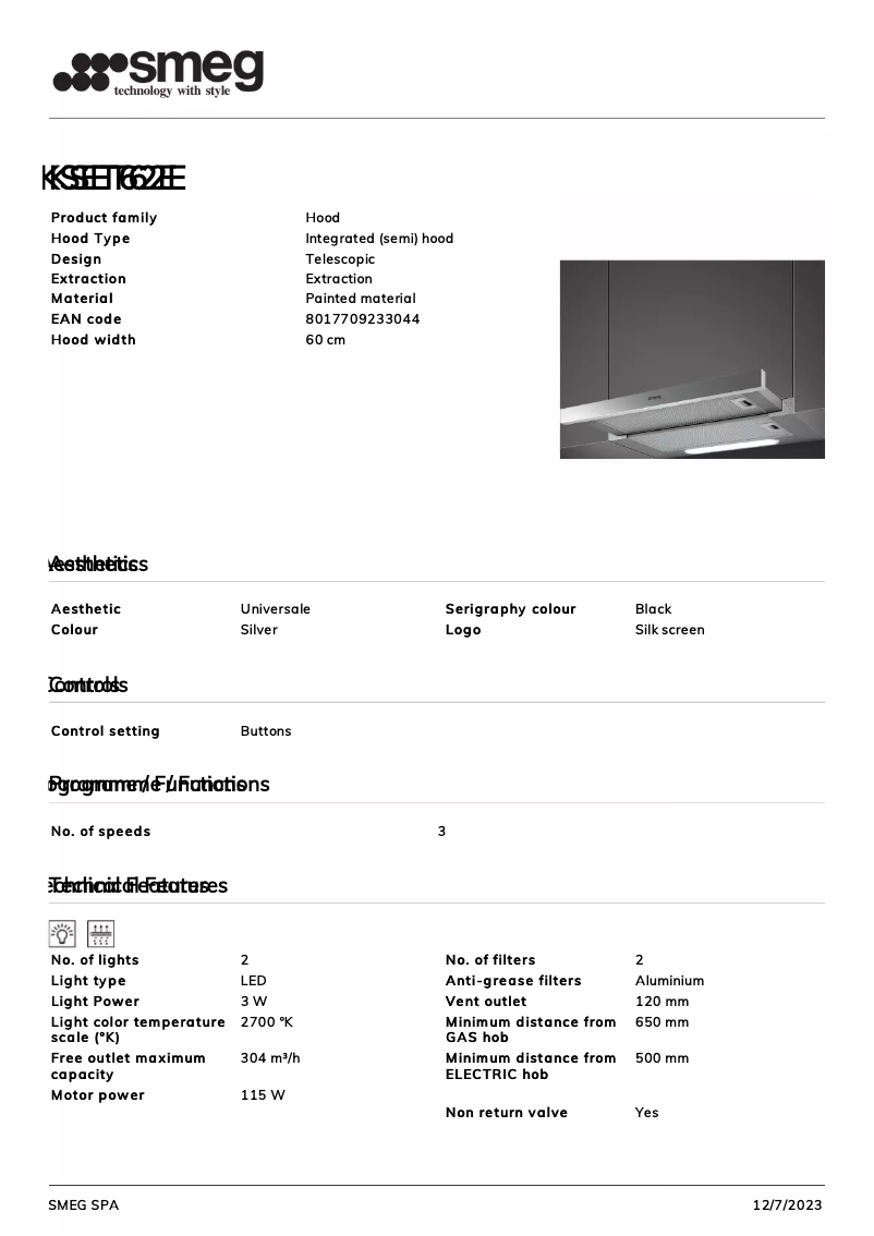 Page 1 of the manual Technical Sheet Smeg KSET62E