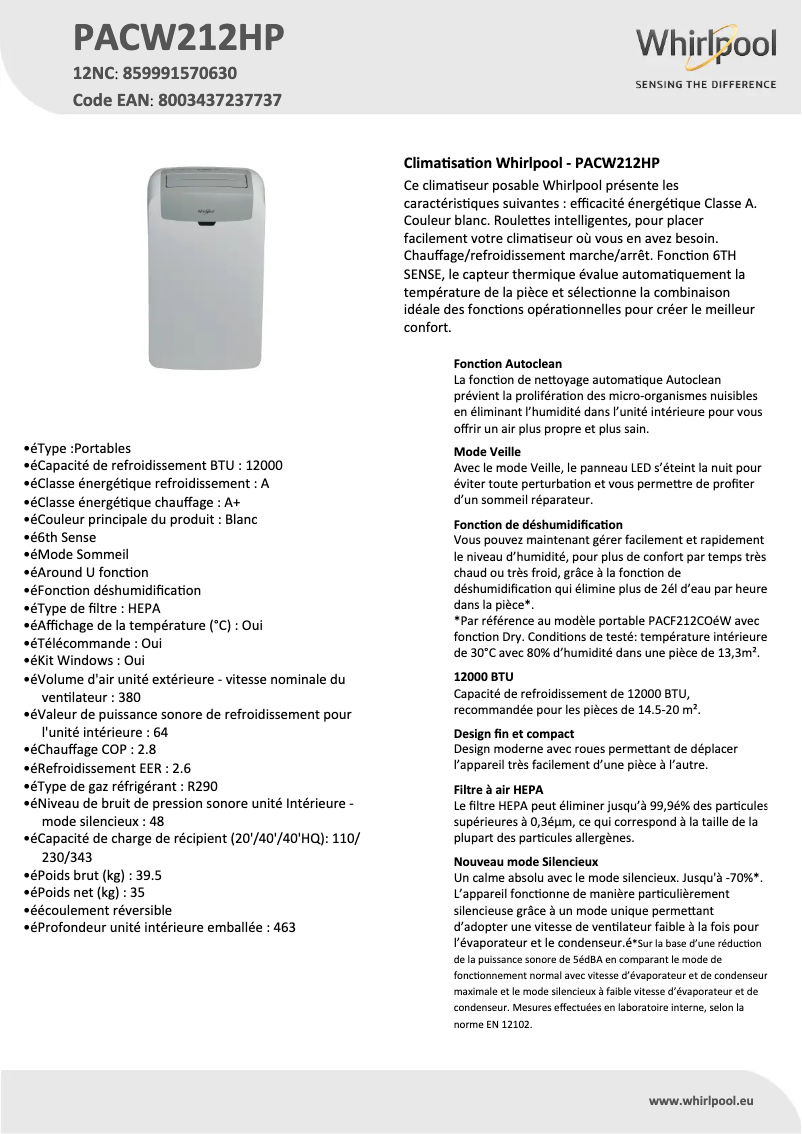 Page 1 of the manual Technical Sheet Whirlpool PACW212HP