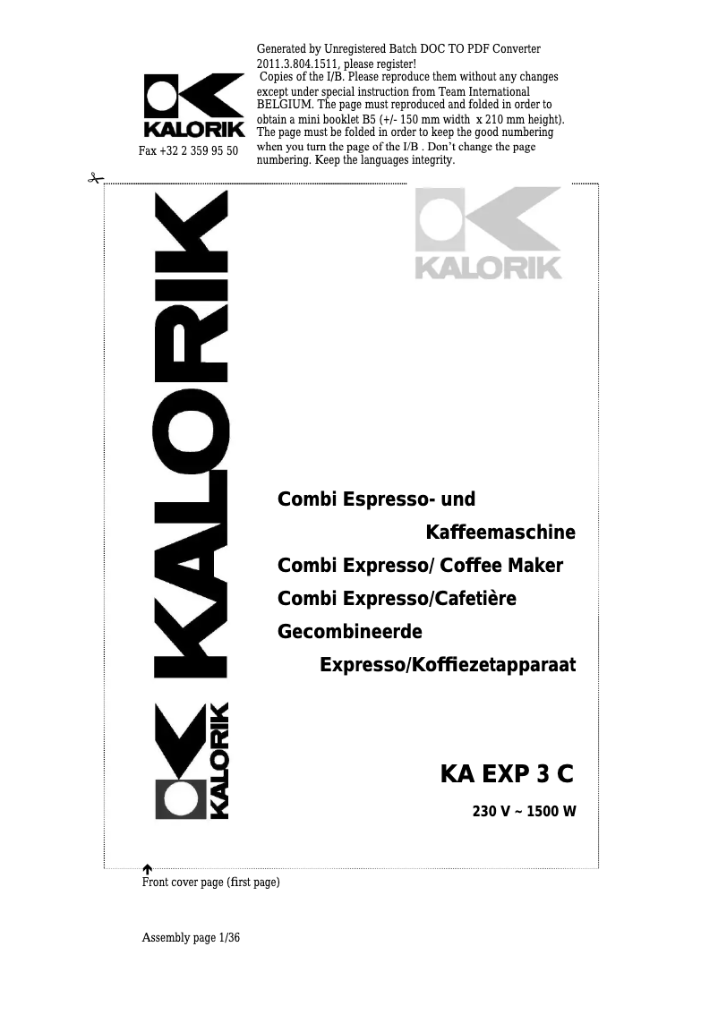 First page image of the manual for KA EXP 3 C