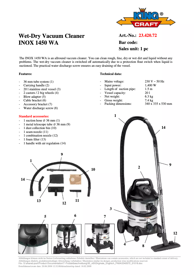 First page image of the manual for INOX 1450 WA
