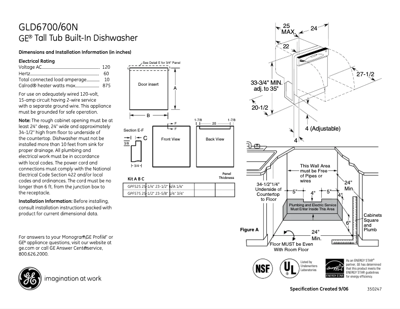 Page 1 of the manual Technical Sheet GE GLD6700NBB