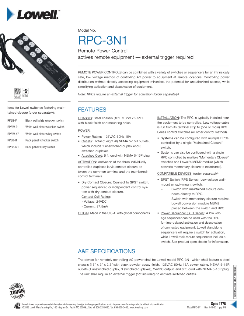 First page image of the manual for RPC-3N1