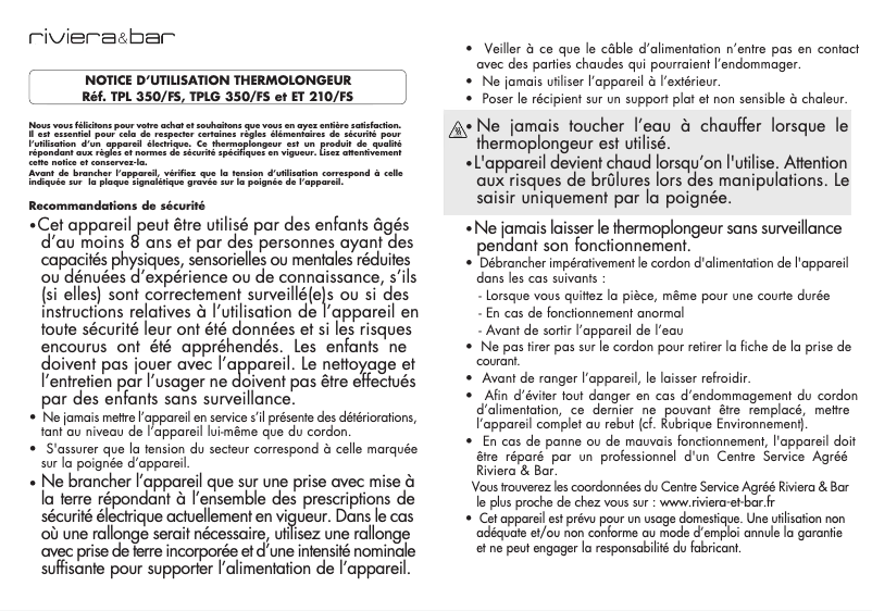 Page 1 of the manual User Manual Riviera & Bar TPL350FS