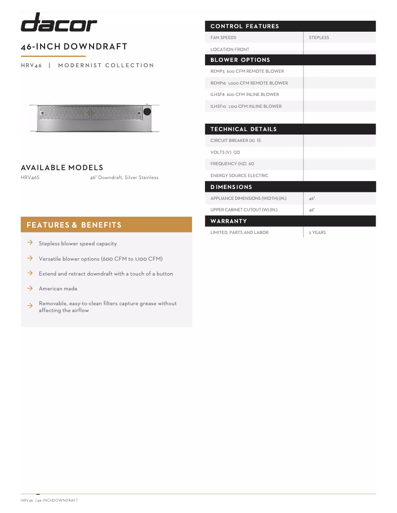 Page 1 of the manual Technical Sheet Dacor HRV46S